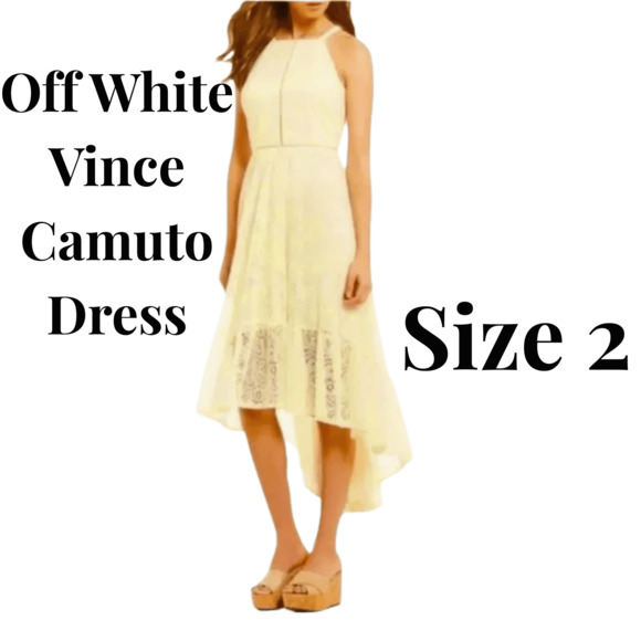 Vince Camuto Dress Sz 2 Lace Overlay Halter High-Low Cream Dress Ruffle Trim - Picture 1 of 7